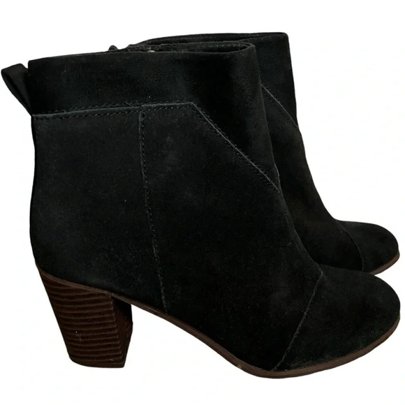 TOMs Lunata pieced suede black boot block heel women's side zip up ankle bootie - Picture 1 of 9